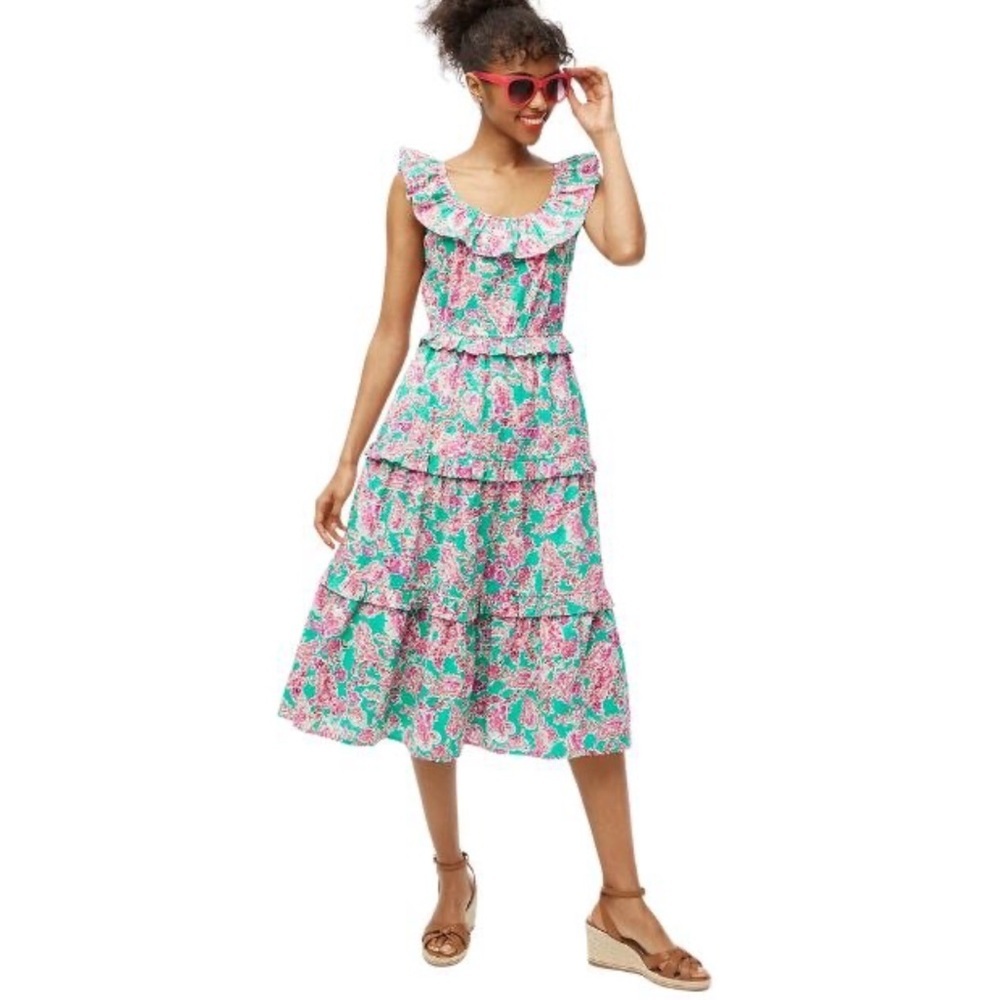J. Crew floral printed ruffle midi dress Size 6 Pink, green and white